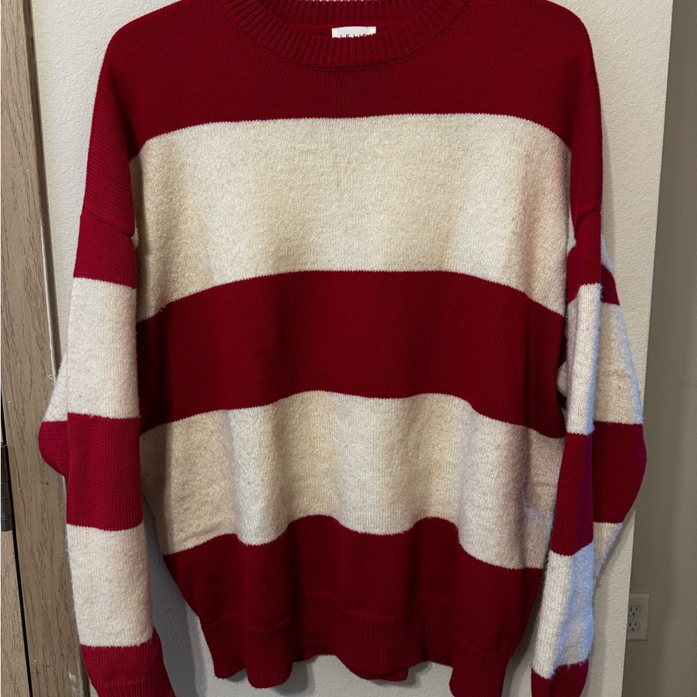 Le Lis Red and Cream Ribbed Crewneck Sweater